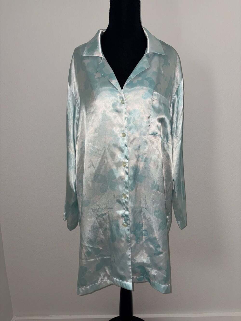 Oscar de la Renta Pink Label Blue Floral Satin Button-Up Sleep Shirt Dress
